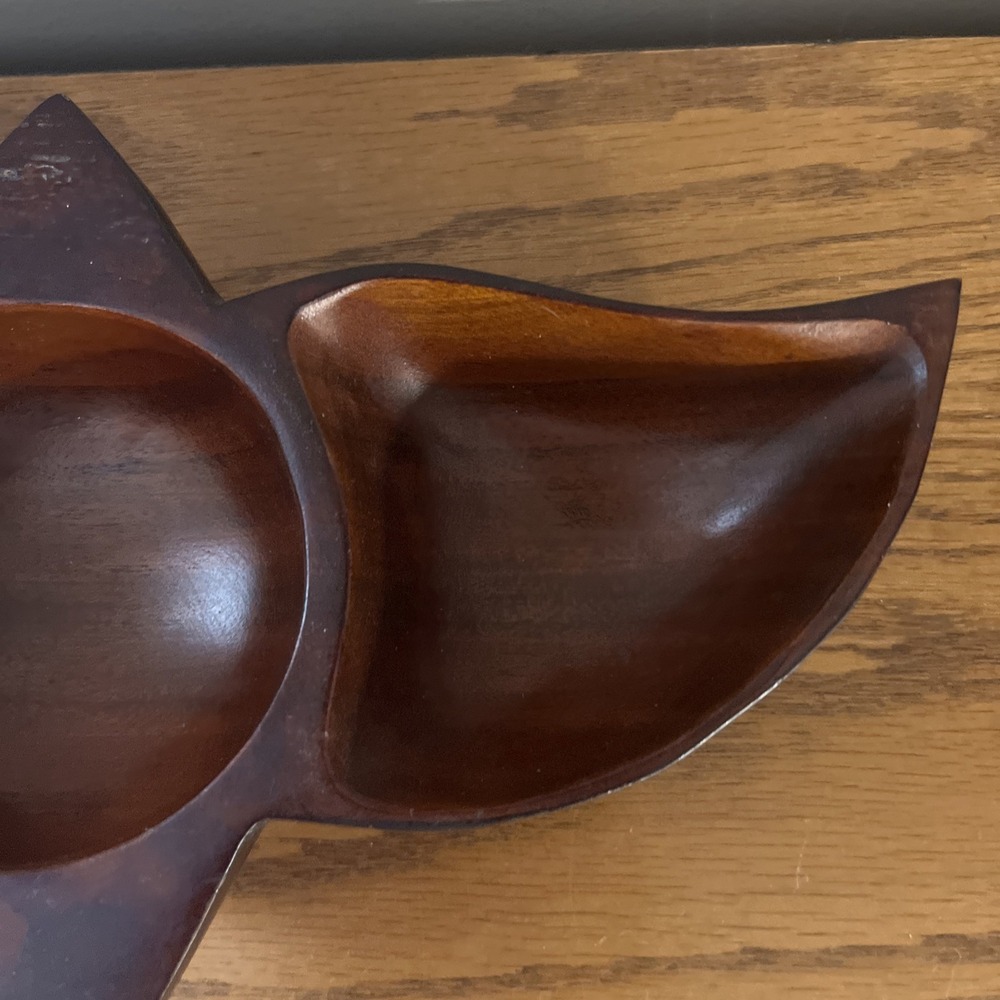 Vintage Solid Wood Bowl Divided Nut Dish Coin Tray Geometric MCM Rare Shape - Picture 5 of 13